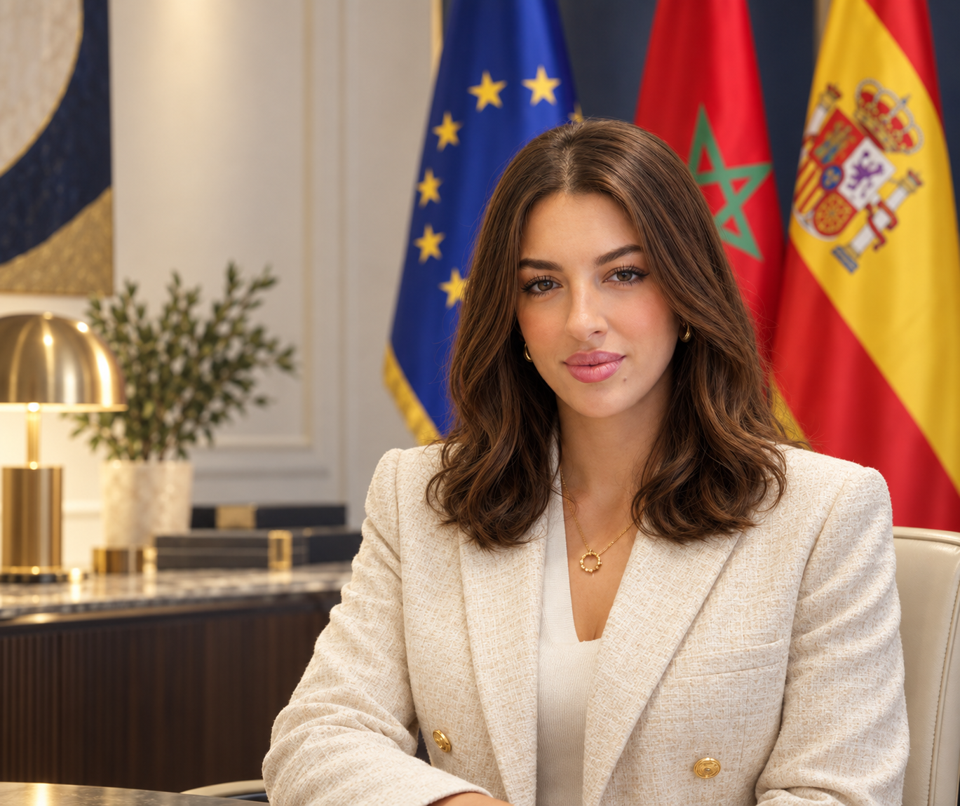 مستشارة Intilaka Group مع أعلام المغرب وإسبانيا والاتحاد الأوروبي